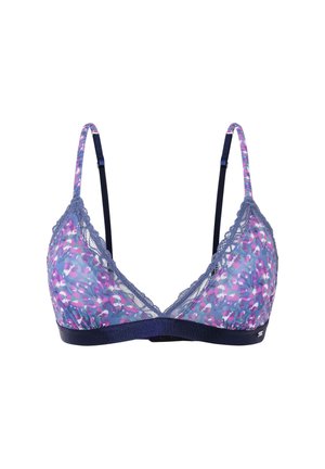 Bralette floral en azul, con bordes de encaje y tirantes ajustables. La tela presenta un patrón floral en púrpura y blanco con una banda en azul marino.