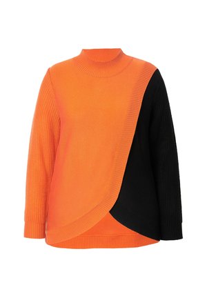 Sweter w kolorowych blokach z pomarańczowymi i czarnymi sekcjami, dziane wykończenie, wysoki kołnierz oraz asymetryczny krój, łączący żywe kolory.