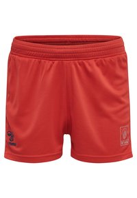 Pantalones cortos deportivos rojos hechos de una tela suave, con una cinturilla elástica, detalle del logo en azul y una etiqueta cuadrada en el costado.