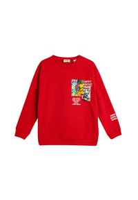 Sudadera de algodón roja con mangas largas, cuello redondo, estampado gráfico en la parte frontal con personajes de cómic y texto, puños y dobladillo de canalé.