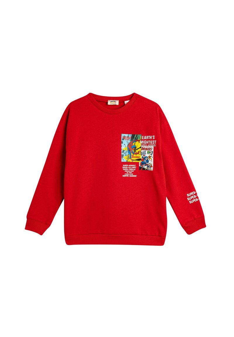 Sudadera de algodón roja con mangas largas, cuello redondo, estampado gráfico en la parte frontal con personajes de cómic y texto, puños y dobladillo de canalé.