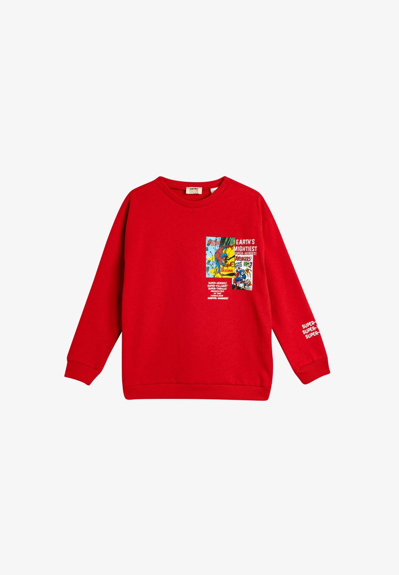 Sudadera de algodón roja con mangas largas, cuello redondo, estampado gráfico en la parte frontal con personajes de cómic y texto, puños y dobladillo de canalé.