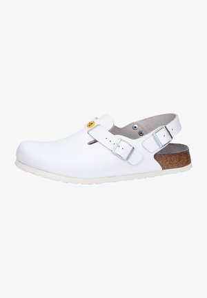 White clog-style shoe with a smooth leather upper, adjustable buckle strap, and a cork footbed. Features a rubber outsole for traction.