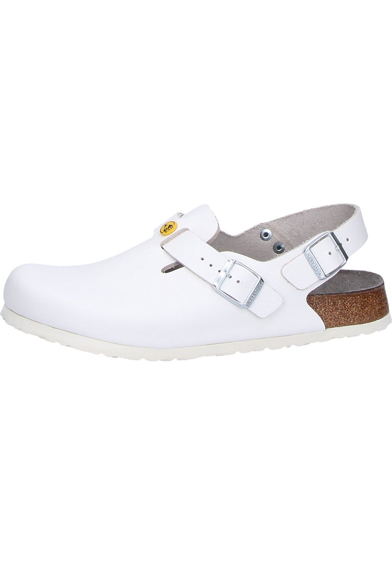 White clog-style shoe with a smooth leather upper, adjustable buckle strap, and a cork footbed. Features a rubber outsole for traction.