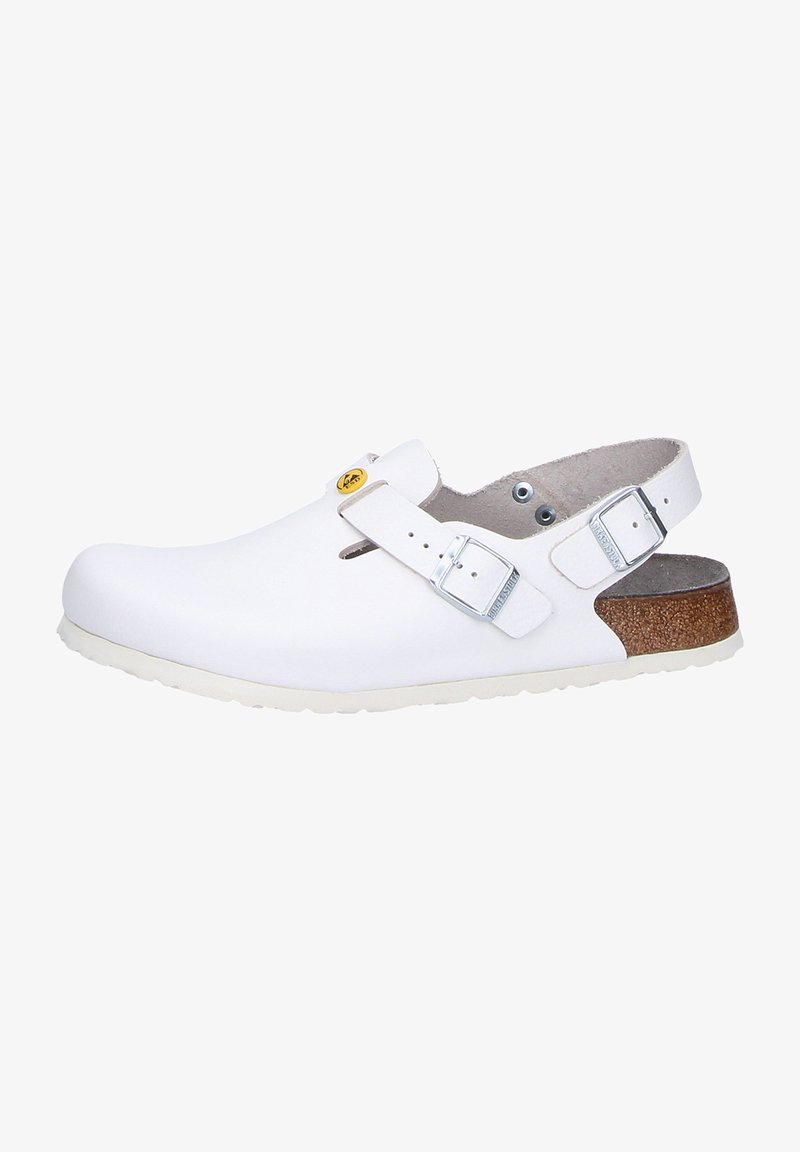 White clog-style shoe with a smooth leather upper, adjustable buckle strap, and a cork footbed. Features a rubber outsole for traction.