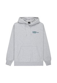 Sudadera con capucha gris hecha de una mezcla de algodón, que cuenta con un bolsillo frontal tipo canguro y texto impreso en azul que dice "ELEMENT SKATEBOARDS & MORE."
