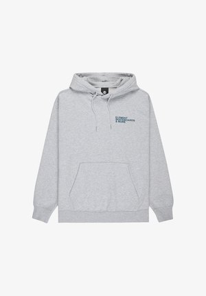 Grauer Kapuzenpullover aus Baumwollmischung, mit einer Kängurutasche vorne und blauer Druckschrift "ELEMENT SKATEBOARDS & MORE".
