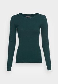 Pull en maille vert foncé à manches longues, ajusté, avec encolure ronde et poignets côtelés, présenté sur un fond blanc.
