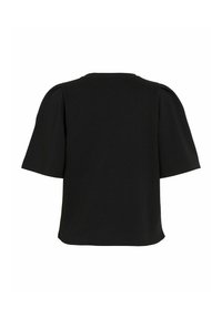 Črna majica kratkih rokavov z okroglim izrezom. Ima oblikovane pufaste ramene in sproščen kroj. Narejena je iz mehkega, lahkega materiala.