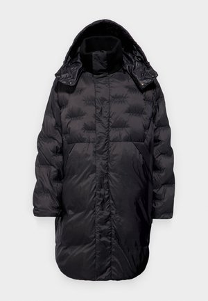 Schwarzer Puffer-Mantel mit Kapuze, hoher Kragen, gestepptem Design, zwei Seitentaschen und glatter Textur. Mit Reißverschluss und Druckknopfverschluss.