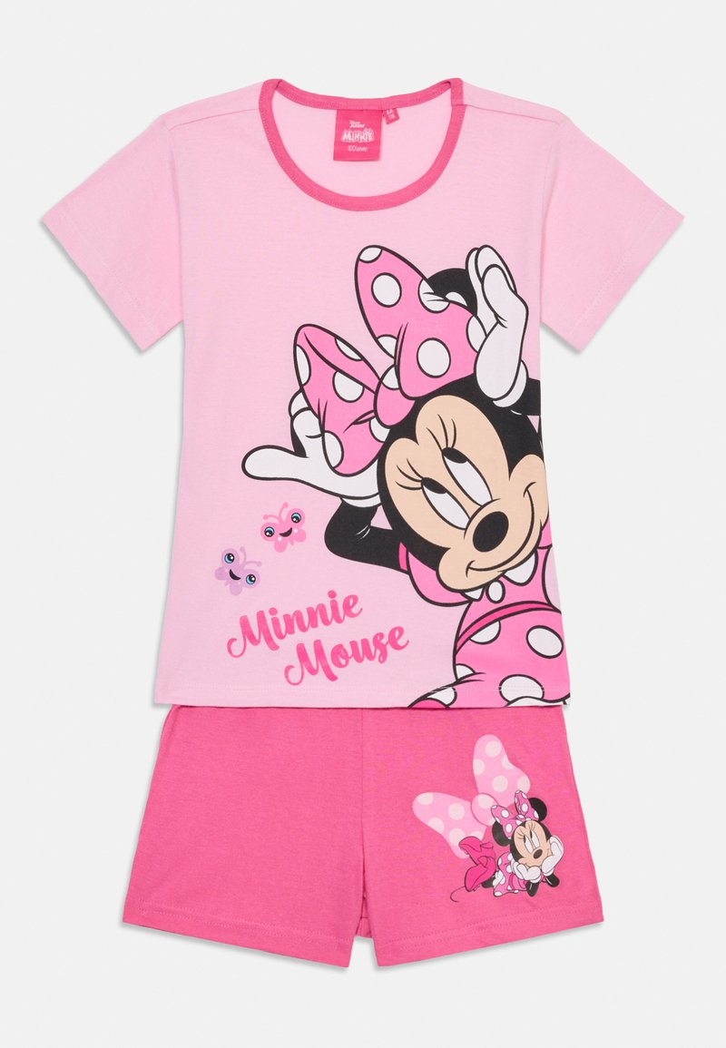Roze katoenen pyjama set met een korte mouwen top met een Minnie Mouse grafiek en polka dots, gecombineerd met bijpassende shorts met een vergelijkbaar ontwerp.