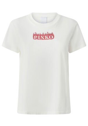 T-shirt bianca in cotone con una grafica di fiamma rossa e la parola "PINKO" centrata sul petto. Maniche corte e scollatura rotonda.