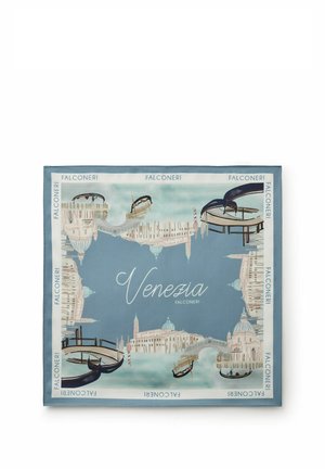 Sciarpa blu con illustrazioni dei monumenti di Venezia, gondole sui canali e la parola "Venezia" al centro, bordata dal testo "Falconeri".