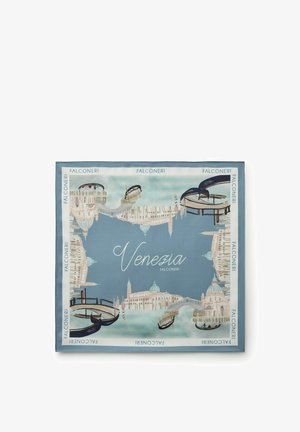 Sciarpa blu con illustrazioni dei monumenti di Venezia, gondole sui canali e la parola "Venezia" al centro, bordata dal testo "Falconeri".
