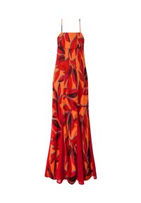 Maxi-jurk met een levendige oranje stof met rode bladmotieven, dunne schouderbandjes en een vloeiende rokontwerp.