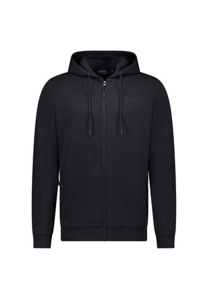 Zwarte hoodie met ritssluiting, gemaakt van zachte stof. Voorzien van een capuchon met trekkoord, geribde manchetten en een subtiel logo op de borst.
