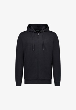 Zwarte hoodie met ritssluiting, gemaakt van zachte stof. Voorzien van een capuchon met trekkoord, geribde manchetten en een subtiel logo op de borst.