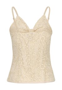 Camisola in pizzo beige con spalline regolabili, caratterizzata da motivi floreali e una vestibilità attillata. Texture morbida e finitura liscia.