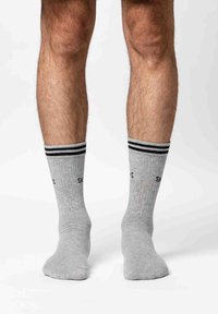 Graue Baumwollsocken mit schwarz-weißen gestreiften Bündchen, die ein Textlogo aufweisen. Glatte Textur, Knöchelhöhe, geeignet für legere Kleidung.