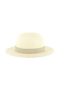 Breedgerande strohoed in lichtbeige met een gestructureerde weving. Bevat een subtiele lichtgroene band met de inscriptie "KARL LAGERFELD".