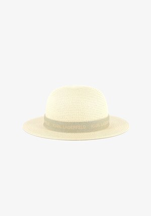Cappello di paglia a tesa larga di un beige chiaro con una trama testurizzata. Presenta una sottile fascia verde chiaro con l'iscrizione "KARL LAGERFELD".