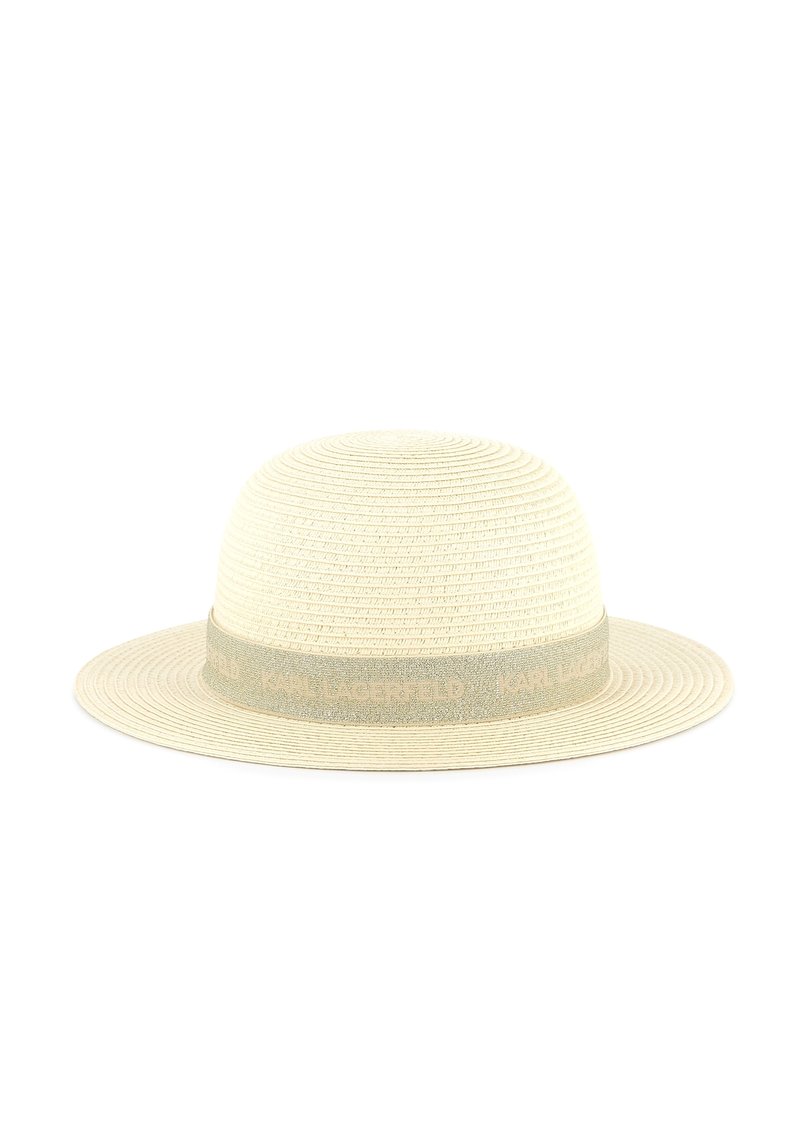 Breedgerande strohoed in lichtbeige met een gestructureerde weving. Bevat een subtiele lichtgroene band met de inscriptie "KARL LAGERFELD".