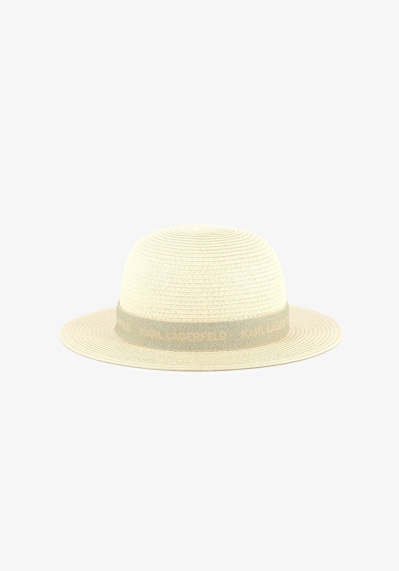 Breedgerande strohoed in lichtbeige met een gestructureerde weving. Bevat een subtiele lichtgroene band met de inscriptie "KARL LAGERFELD".