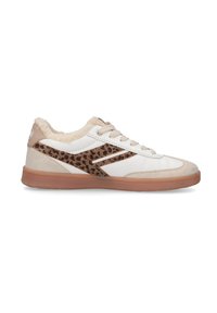 Weiße Sneakers mit Leopardenmuster-Akzenten, weicher cremefarbener Innenausstattung und beigen Details. Verfügt über eine glatte Textur und eine hellbraune Gummisohle.
