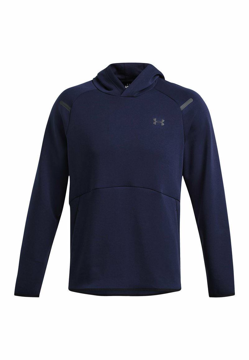 Navyblaue Kapuzen-Sweatjacke aus weichem Material mit langen Ärmeln, einer Fronttasche, kontrastierenden Schulterakzenten und einem Logo auf der Brust.