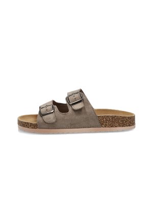 Sandal de ante marrón con dos correas regulables de hebilla, suela de corcho y una plantilla texturizada de color marrón claro. Diseño minimalista, estilo de punta abierta.
