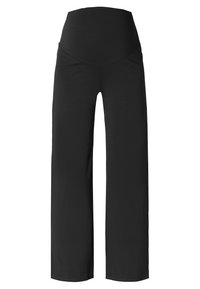 Czarne spodnie o szerokich nogawkach z wysokim stanem, wykonane z miękkiego elastycznego materiału, o gładkiej fakturze i bez widocznych wzorów czy metalowych elementów.