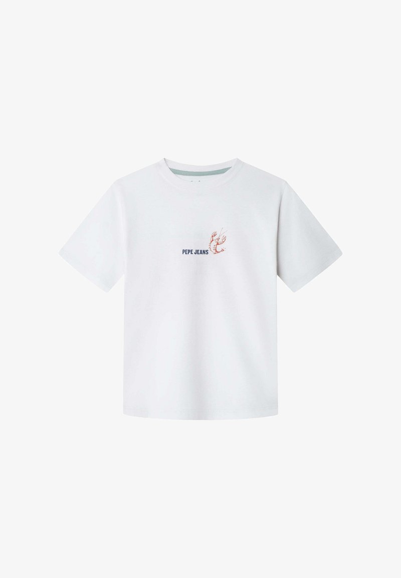 Bijela majica kratkih rukava od pamuka. Na sebi ima crvenu grafiku jastoga i natpis "PEPE JEANS" u tamnoplavoj boji ispod. Ležerna, mekana tekstura.