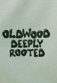 Šviesiai žalia medžiaga su tekstu „OLDWOOD DEEPLY ROOTED“ tamsiai žalia spalva, naudojant blizgaus, suapvalinto šrifto stilistiką ir šiek tiek tekstūruotą paviršių.