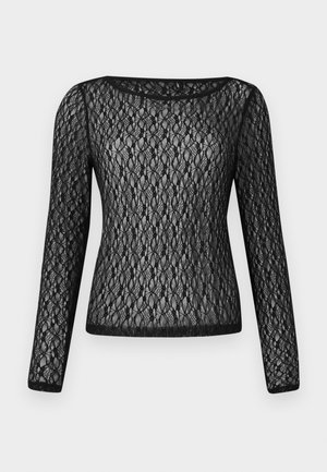 Zwarte lange mouwen top van kant, met een gestructureerd, ingewikkeld ruitpatroon en een ronde halslijn. Slim fit en lichtgewicht.