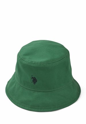 Green cotton bucket hat with a structured brim, featuring a small black logo on the side and stitched detailing on the seams.