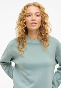 Svetlo zelena jopa iz mehke tkanine, z okroglim izrezom in dolgimi rokavi z udobnim krojem. Gladek tekstura, minimalen dizajn.