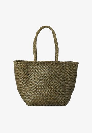 Borsa tote intrecciata in paglia verde scuro con due manici robusti, caratterizzata da una forma arrotondata e una finitura strutturata. Design leggero e spazioso.