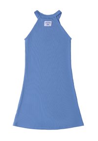 Niebieska sukienka z prążkowanej tkaniny z dekoltem halter. Posiada prostokątną, białą metkę z tyłu z napisem "MIAMI 84". Gładka tekstura.