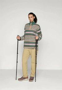 Pullover in pile verde a stampa con zip a quarti, pantaloni beige e bastoncini da trekking, su uno sfondo semplice.
