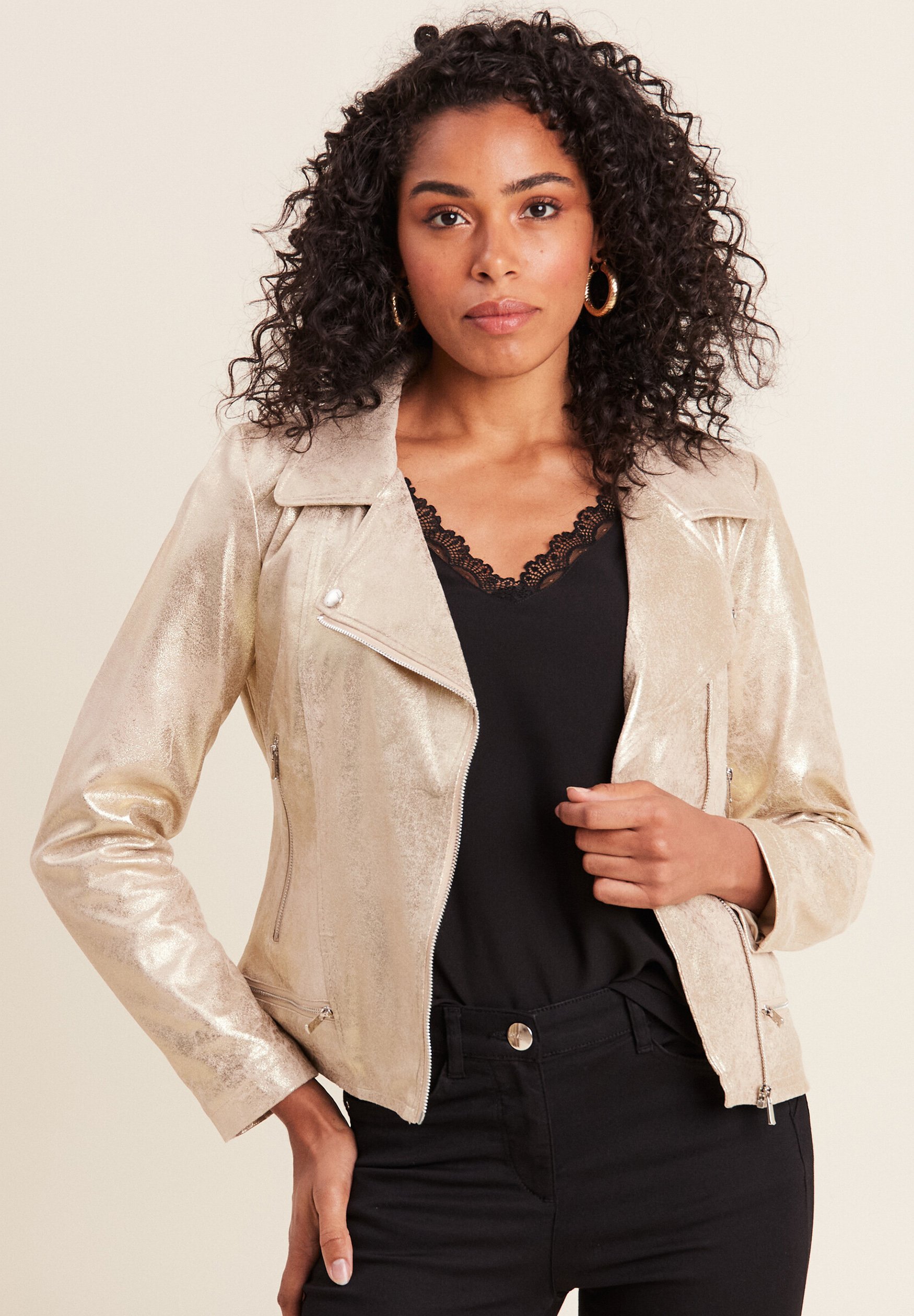 Veste En Simili Cuir Noir – Quincaillerie Dorée, Style Motard – Taille S, Neuf Avec étiquettes