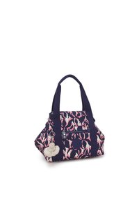 Dark blue and pink patterned bag with dual handles, zip closure, exterior pocket, and a fluffy keychain attached. Made from durable material.