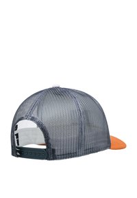 Grå mesh trucker hat med en flad orange skygge, justerbar snapback-lukning og en hvid indvendig foring. Har en cirkulær topknap.