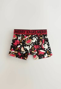 Black boxer shorts with red waistband featuring "MERRY XMAS" text. Design includes festive reindeer, snowflakes, and colorful splatters.