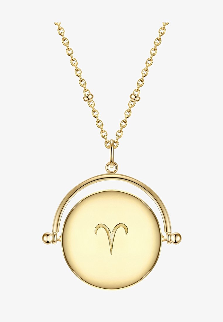 Collar de oro con un colgante circular que presenta un símbolo de Aries grabado, suspendido de una cadena con acentos circulares y eslabones.