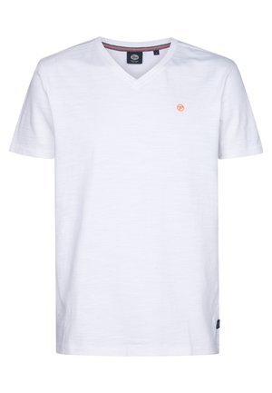 Weißes Baumwoll-T-Shirt mit V-Ausschnitt, kurzen Ärmeln, einem kleinen orangefarbenen Logo auf der Brust und einem strukturierten, leichten Stoff.