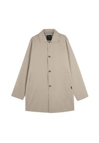 Palton bej deschis cu croială dreaptă, închidere frontală cu nasturi, două buzunare laterale și guler clasic. Material neted cu un design minimalist.