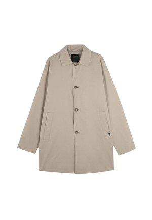 Lichtbeige jas met een rechte snit, knoopsluiting aan de voorkant, twee zijzakken en een klassieke kraag. Glad materiaal met een minimalistisch ontwerp.