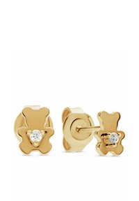 Goldene ohrenstecker in Bärenform mit einem zentralen klaren Edelstein im Brustbereich; glänzende, glatte Oberfläche; sicheres Steckverschluss.