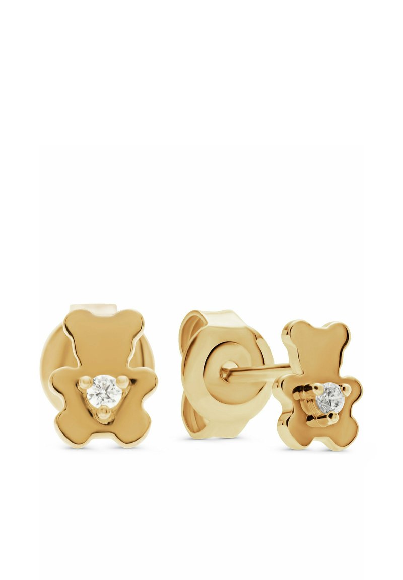Goldene ohrenstecker in Bärenform mit einem zentralen klaren Edelstein im Brustbereich; glänzende, glatte Oberfläche; sicheres Steckverschluss.