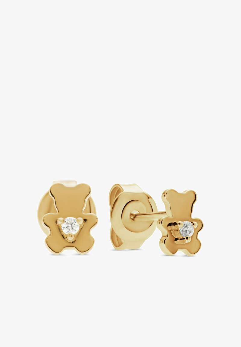 Goldene ohrenstecker in Bärenform mit einem zentralen klaren Edelstein im Brustbereich; glänzende, glatte Oberfläche; sicheres Steckverschluss.